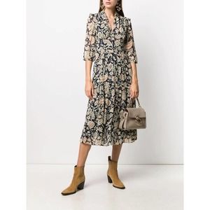 Ba&Sh Aline Midi Dress Floral Flared V-neck Pleated Black Beige Small NWT